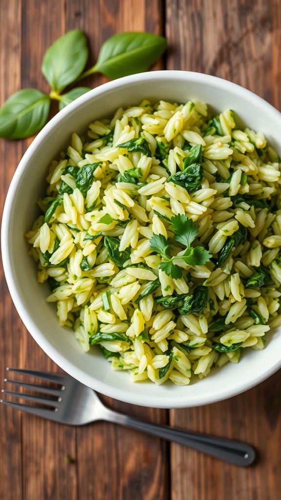A bowl of cooked spinach rice with chopped parsley on a wooden table.